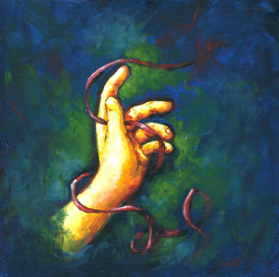 Cover of Evolution of the Arm's Telepathic Music Vol. 1, which features a human hand against a blue and green background, with a red ribbon moving through the fingers