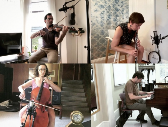 Four images tiled together in a 2x2 grid. Each image features one of the four members of The Evolution of the Arm each in their own isolated rooms playing their instruments, with a clock somewhere on screen showing the same time (11:16). The instruments shown are cello, oboe, violin, and piano.